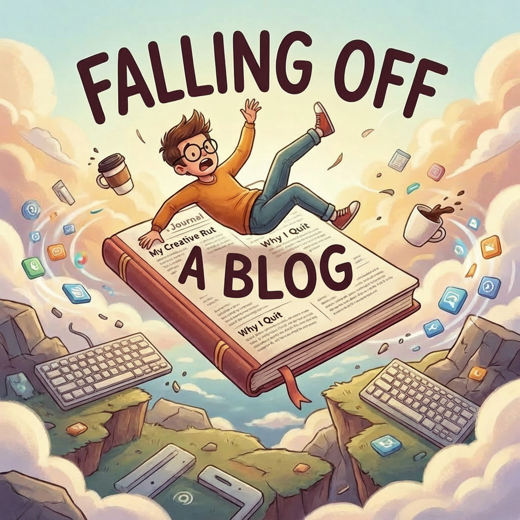 Text: FALLING OFF A BLOG. Book text: Journal, My Creative Rut, Why I Quit. Banner: Navigating the Ups and Downs of Online Writing. Subscribe Now!