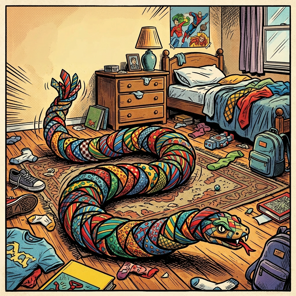 A colorful snake composed of patterned neckties moves across a messy bedroom floor with clothes and books scattered around.