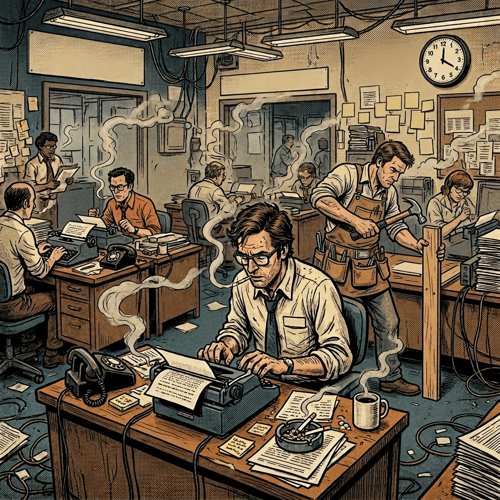 Hectic newsroom with reporters typing and rushing to meet a deadline