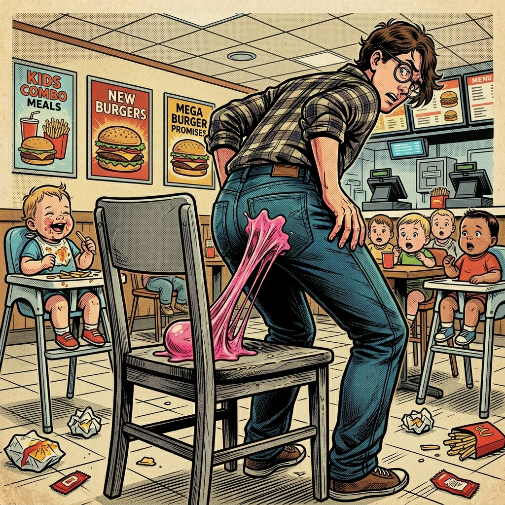 Student sitting on a chair with gum stuck to their jeans in a classroom