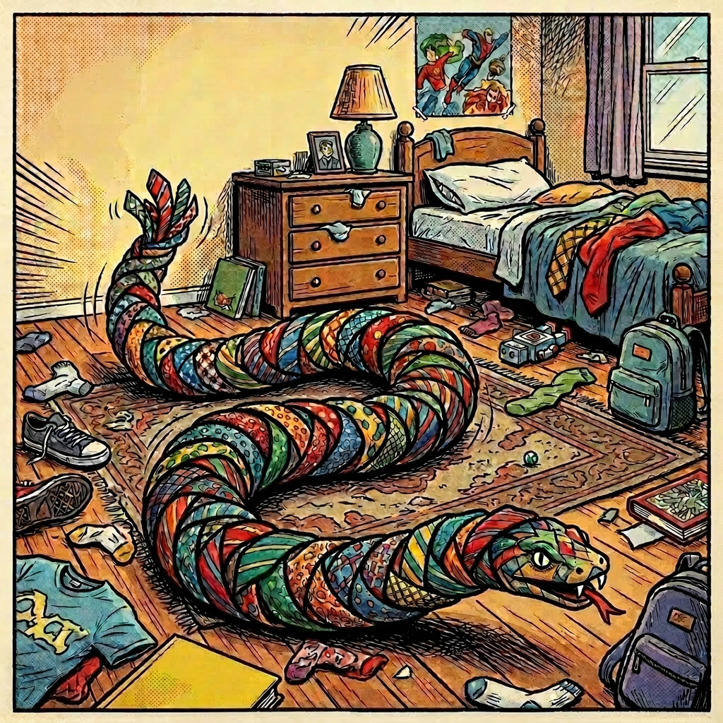 A colorful snake composed of patterned neckties moves across a messy bedroom floor with clothes and books scattered around.